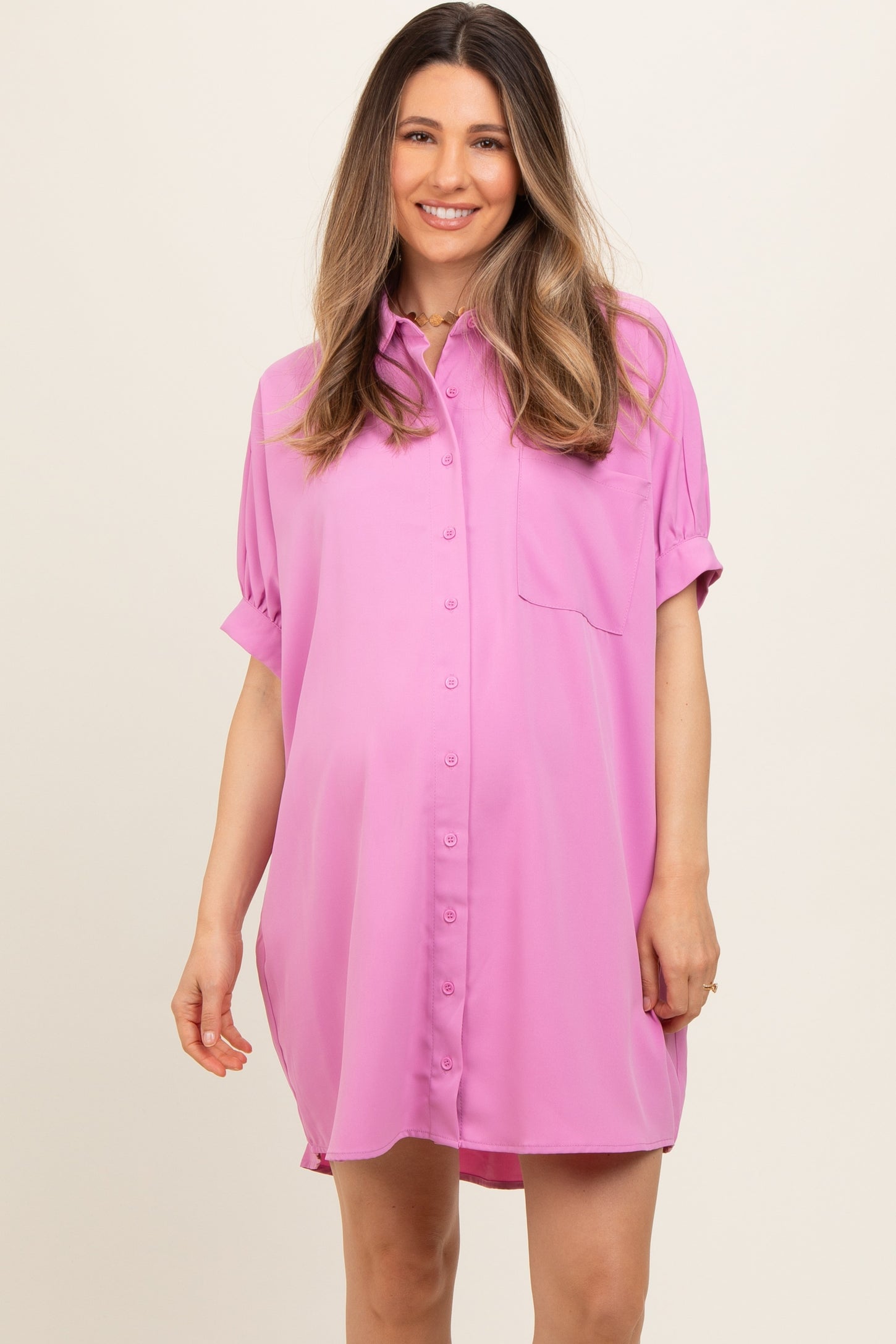 maternity dress shirts Pink Collared Button Down Maternity Shirt Dress – PinkBlush
