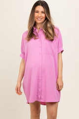 Pink Collared Button Down Maternity Shirt Dress