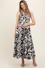 Black Floral Sleeveless Halter Maternity Midi Dress