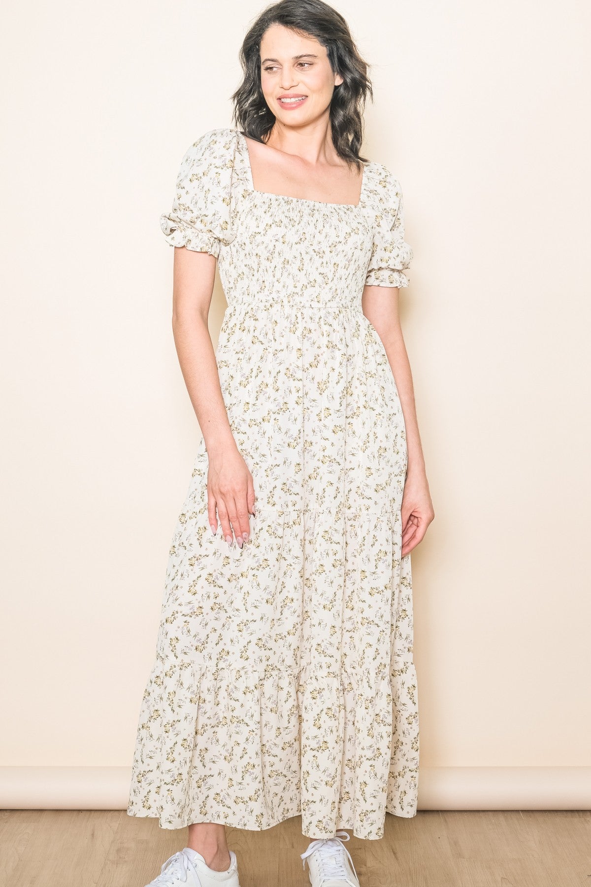Cream Floral Smocked Puff Sleeve Maternity Dress
