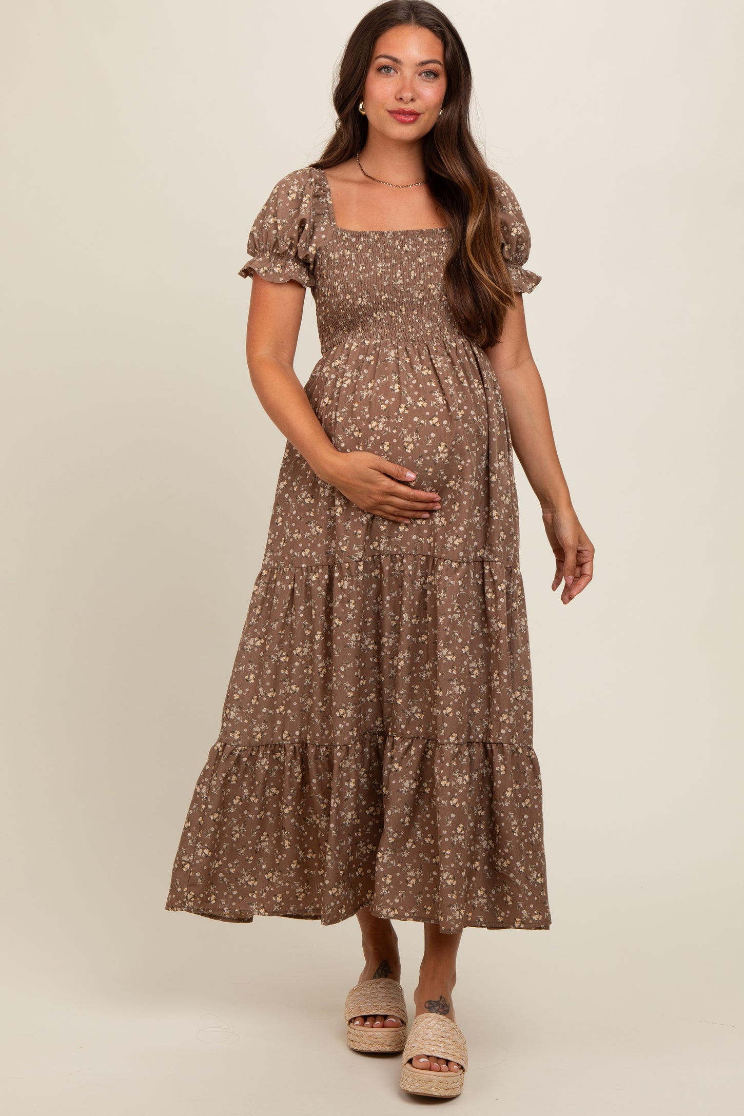 Mocha Floral Short Sleeve Maternity Maxi Dress PinkBlush Mocha Floral Short Sleeve Maternity Maxi Dress PinkBlush