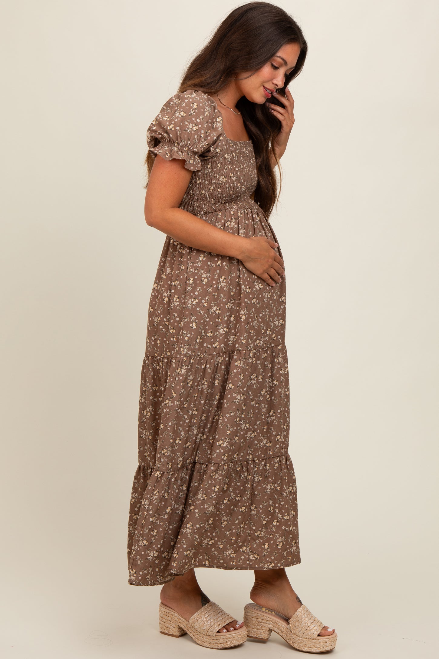 Mocha Floral Short Sleeve Maternity Maxi Dress
