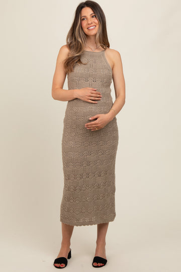 Taupe Crochet Knit Back Cutout Maternity Maxi Dress