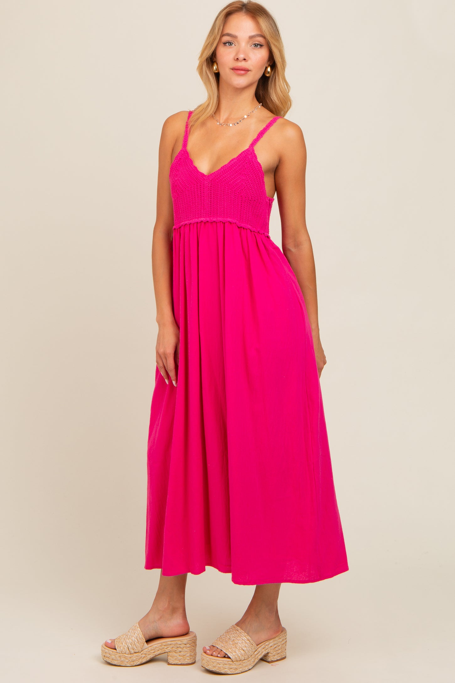Fuchsia V-Neck Crochet Top Midi Dress PinkBlush Fuchsia V-Neck Crochet Top Midi Dress PinkBlush