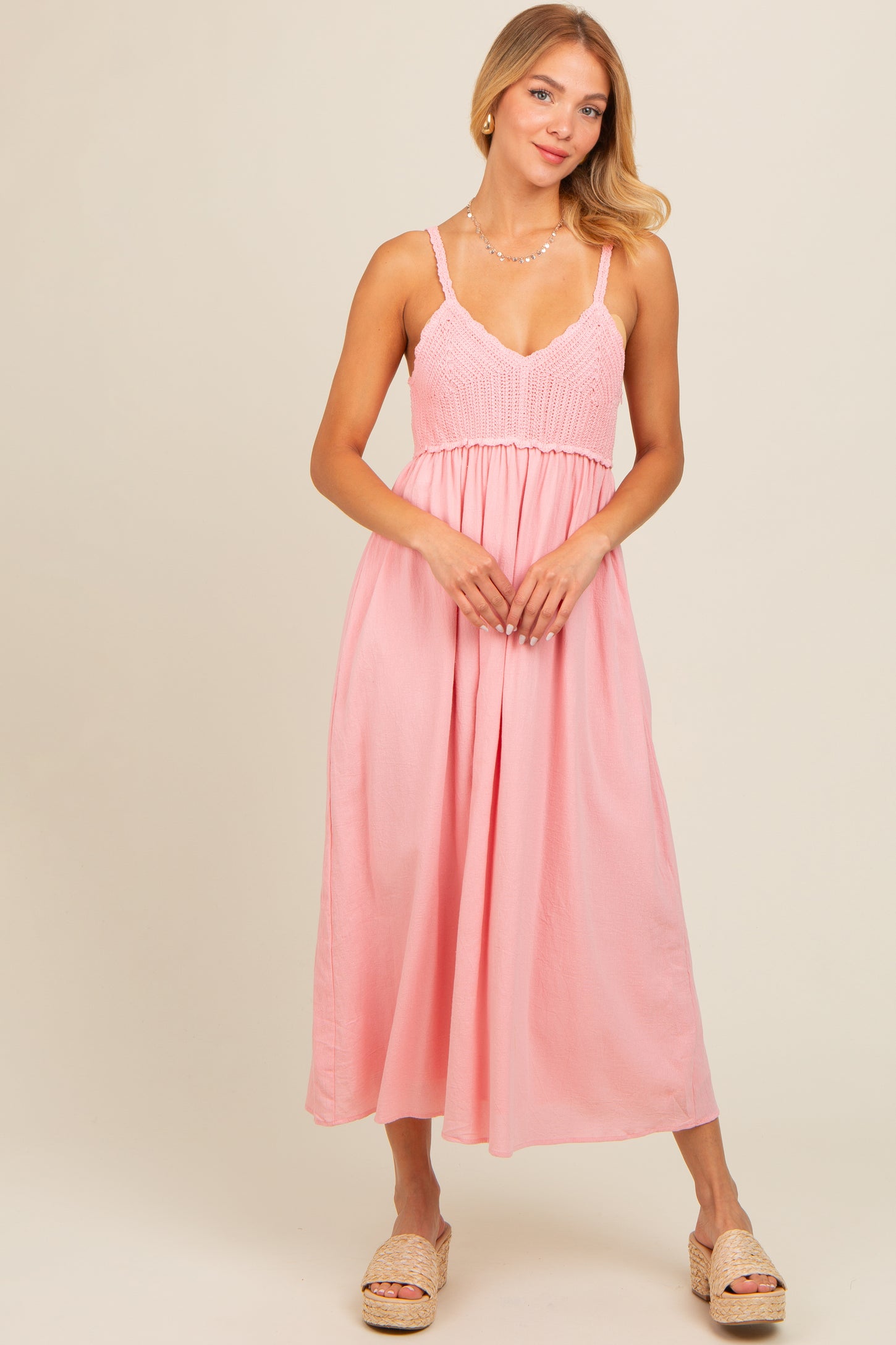 Pink V-Neck Crochet Top Maternity Midi Dress