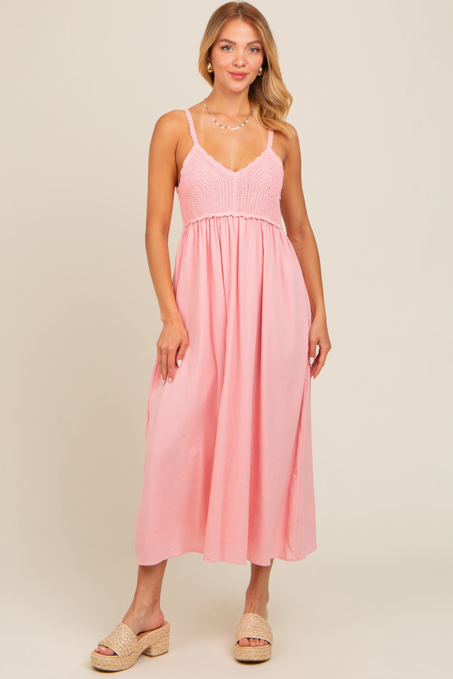 Pink V-Neck Crochet Top Midi Dress PinkBlush Pink V-Neck Crochet Top Midi Dress PinkBlush