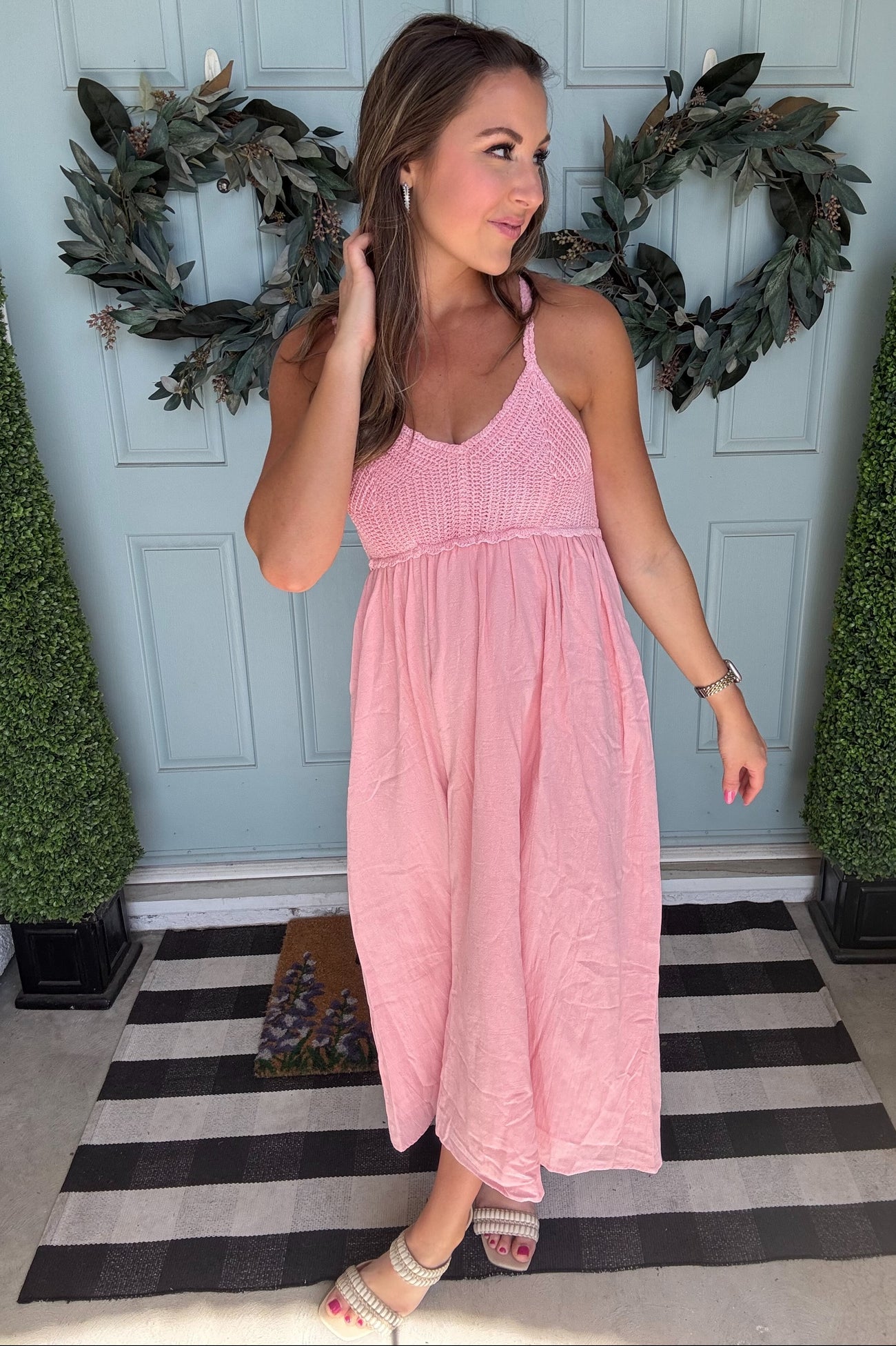 Pink V-Neck Crochet Top Midi Dress – PinkBlush