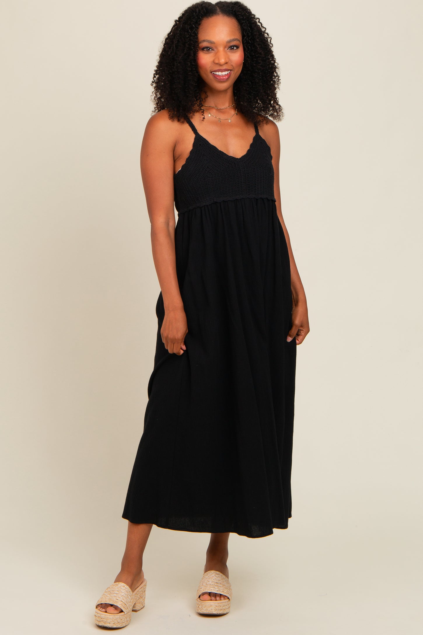 Black V-Neck Crochet Top Maternity Midi Dress PinkBlush Black V-Neck Crochet Top Maternity Midi Dress PinkBlush