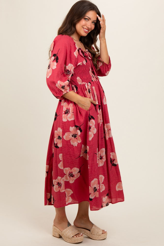 Red Floral Smocked Maternity Midi Dress