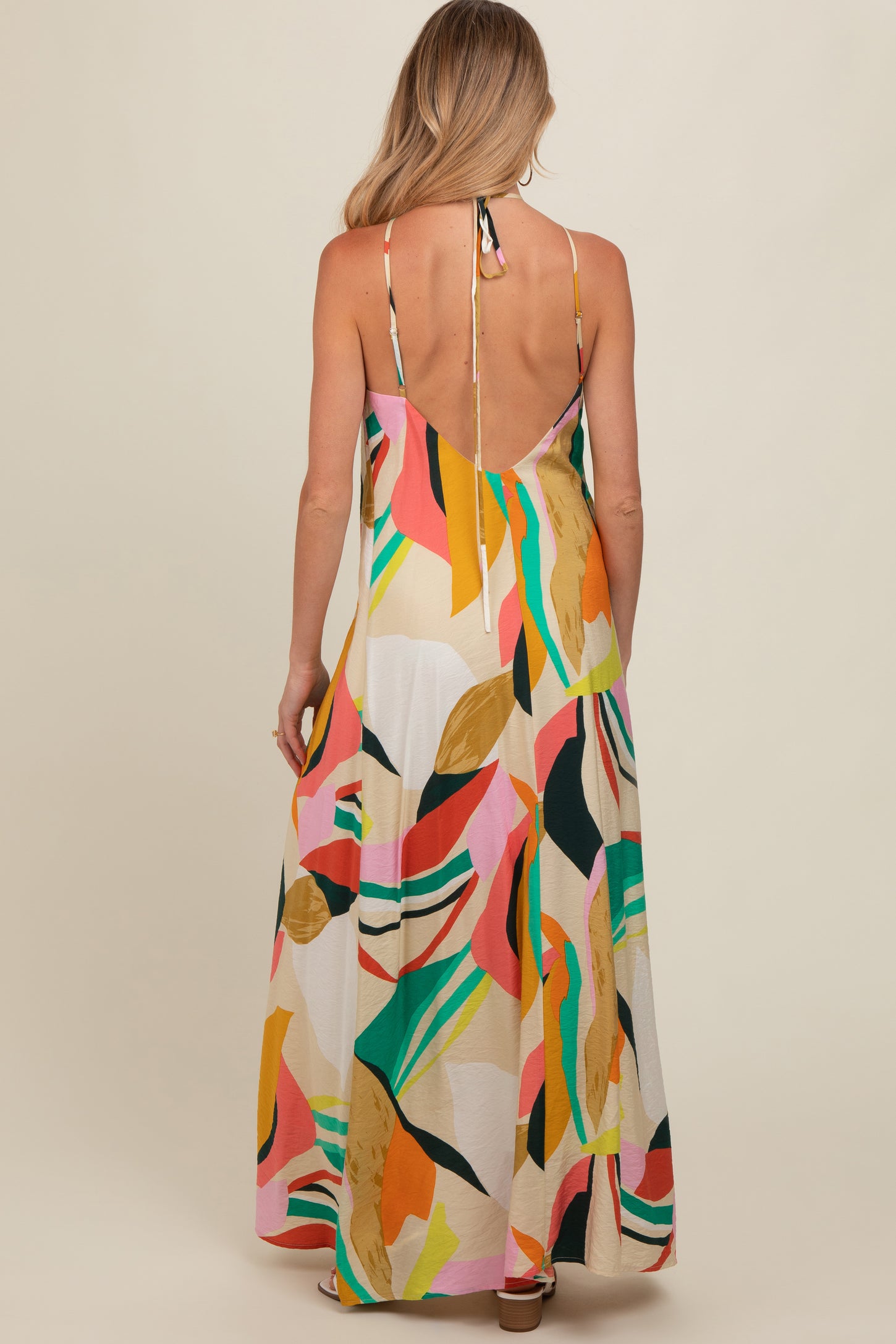Multicolor Abstract Print Halter Maternity Maxi Dress