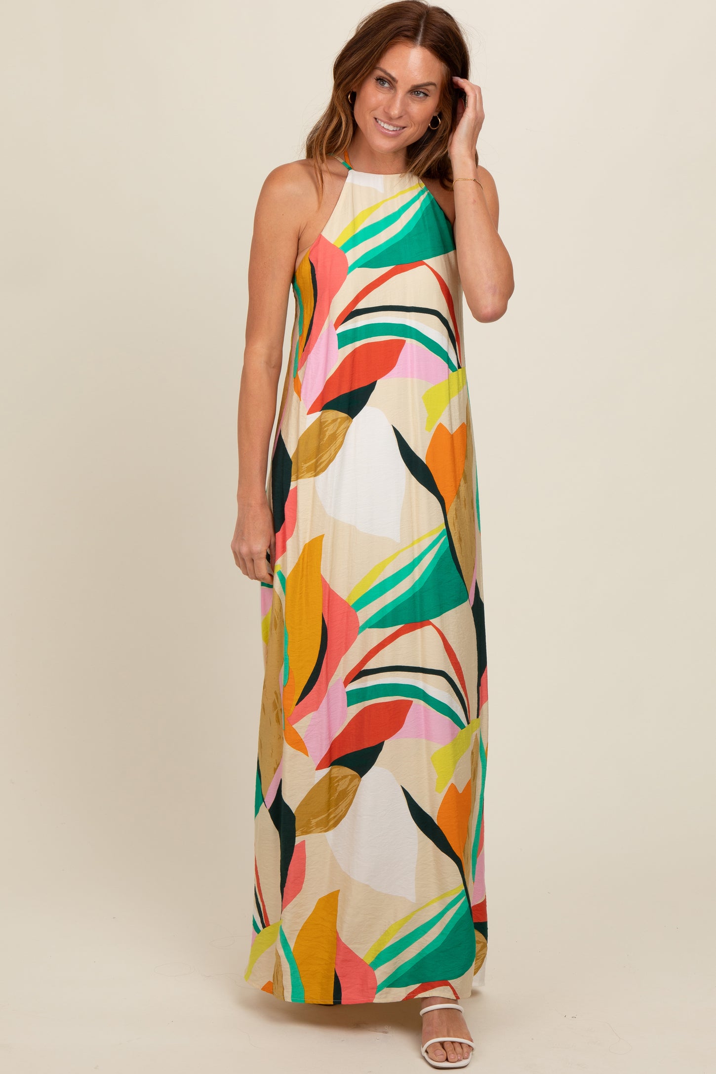 Multicolor Abstract Print Halter Maxi Dress