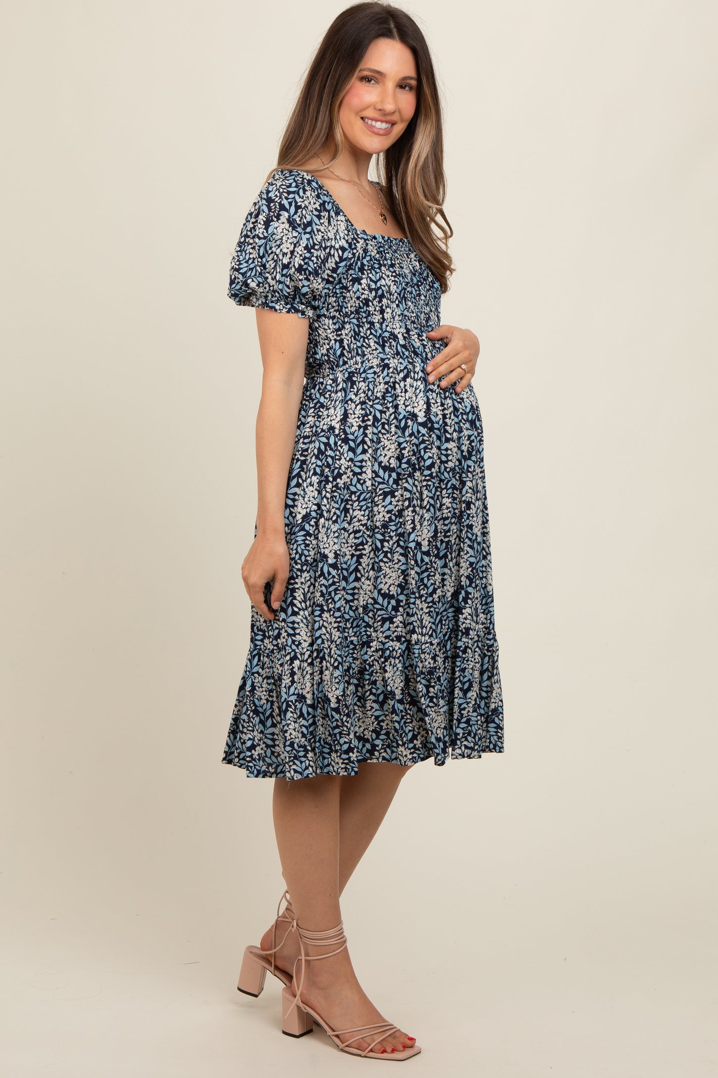 Navy Blue Floral Puff Sleeve Smocked Chest Maternity Dress