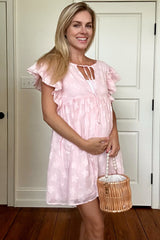 Pink Floral Split V-Neck Ruffle Sleeve Maternity Romper