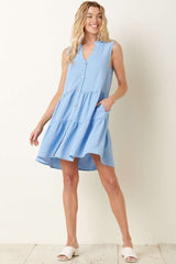 Blue Button Front Sleeveless Mini Dress