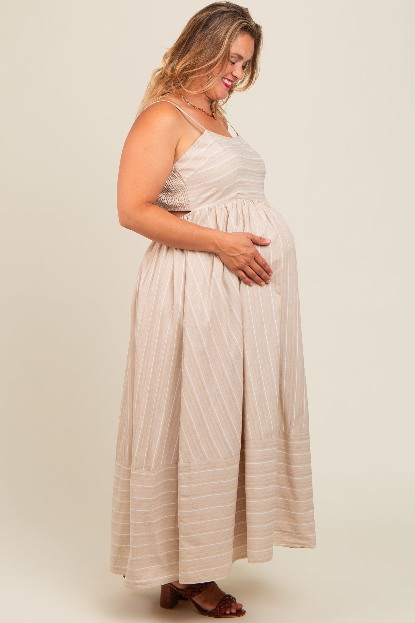 Beige Striped Cutout Back Maternity Plus Maxi Dress PinkBlush Beige Striped Cutout Back Maternity Plus Maxi Dress PinkBlush