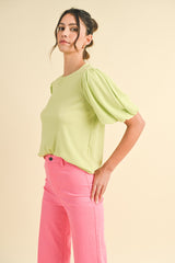 Lime Ribbed Puff Short Sleeve Top