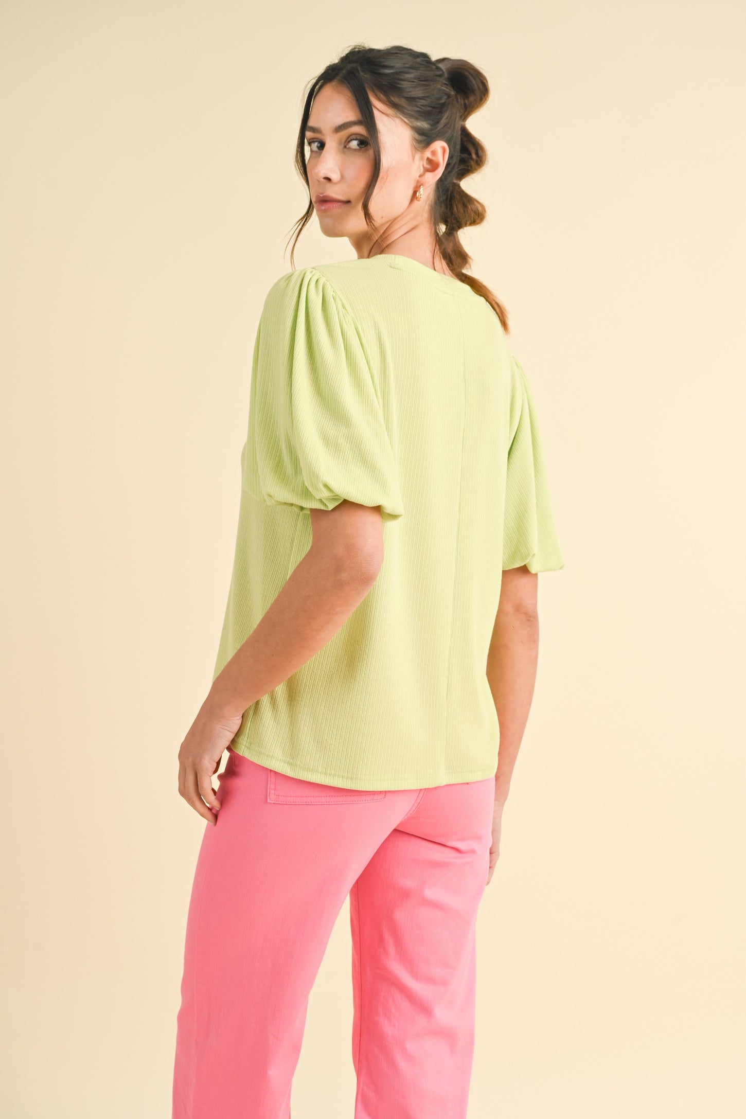 Lime Ribbed Puff Short Sleeve Top