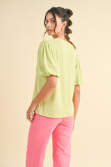 Lime Ribbed Puff Short Sleeve Top