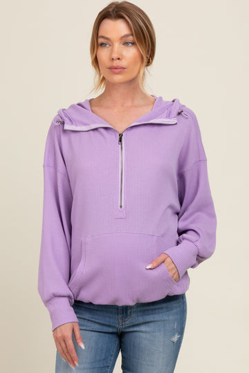 Lavender Waffle Knit Half Zip Relaxed Fit Maternity Hoodie