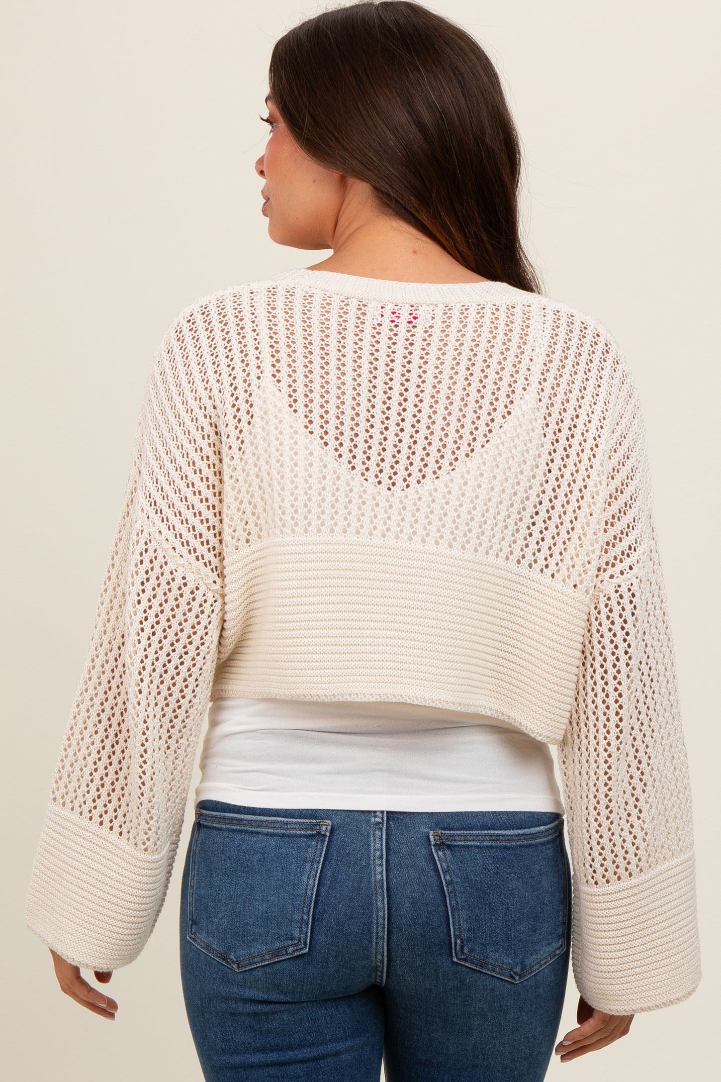 Ivory Open Knit Cropped Maternity Cardigan
