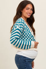 Teal Checker Stripe Button Up Maternity Cardigan