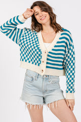 Teal Checker Stripe Button Up Maternity Cardigan