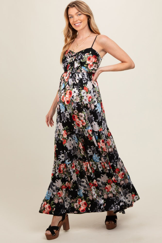 Black Floral Front Tie Maternity Maxi Dress