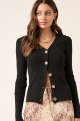 Black Rib Knit Button Front Sweater Cardigan