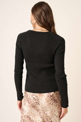 Black Rib Knit Button Front Sweater Cardigan