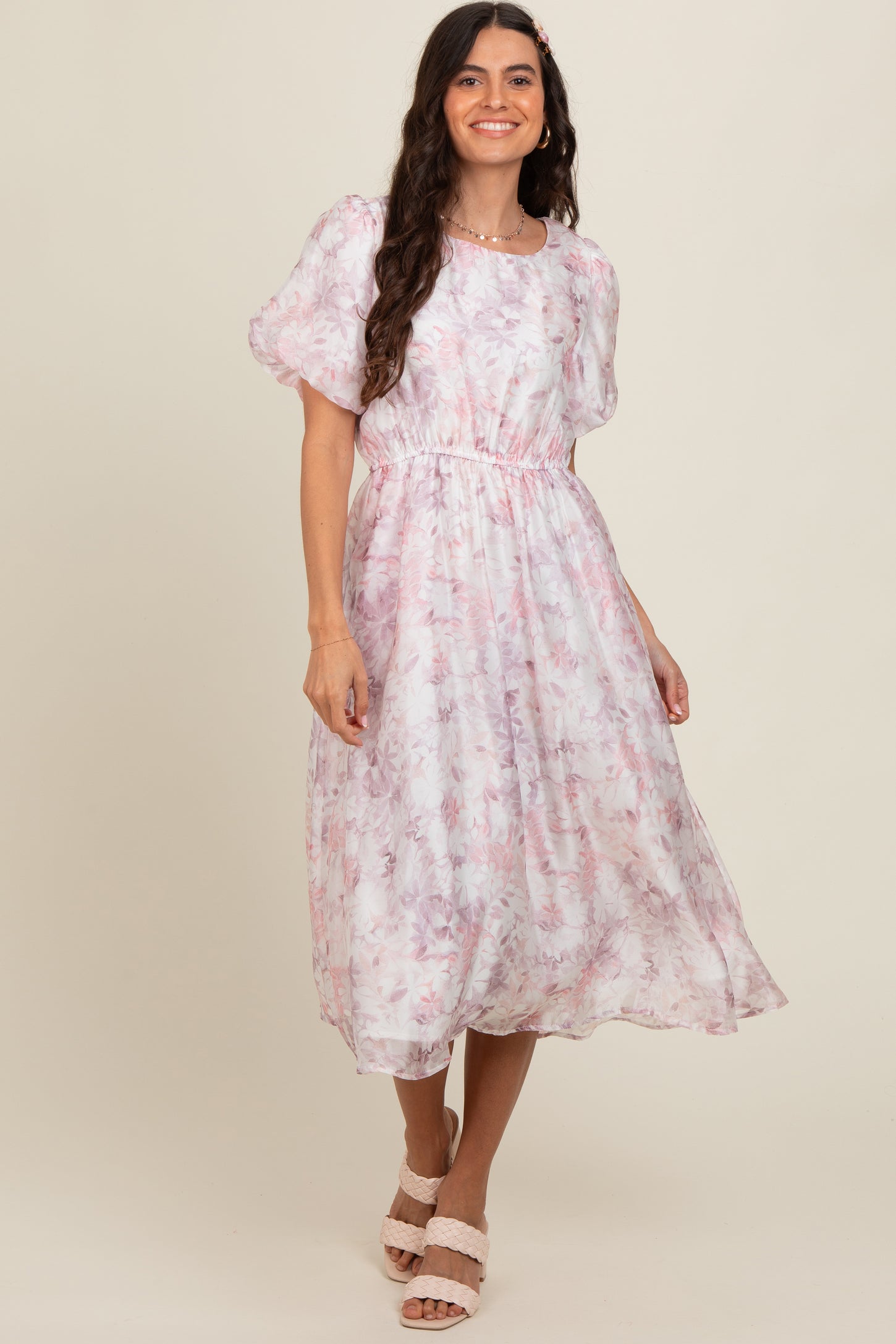 Pink Lavender Floral Puff Sleeve Dress