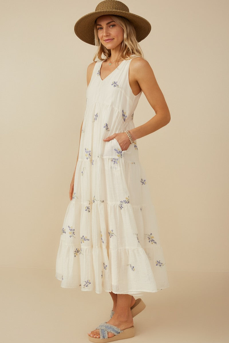 Lavender Ditsy Floral Embroidered V Neck Tiered Dress – PinkBlush