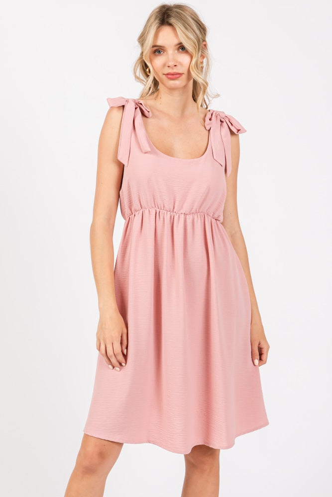 Pink Solid Tie-Shoulder Scoop Neck Maternity Dress