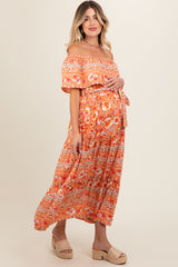 Peach Floral Off Shoulder Maternity Maxi Dress