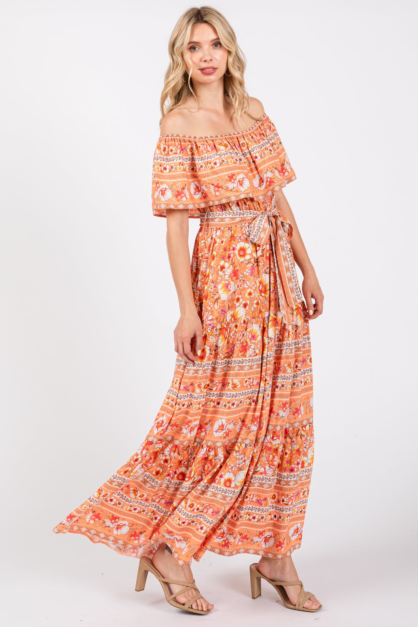 peach off the shoulder maxi dress Peach Pink Off The Shoulder A-line Maxi Long Prom Dress