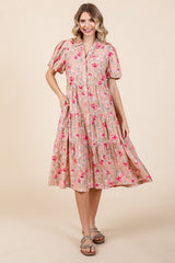 Peach Floral Button Down Tiered Midi Dress