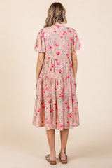 Peach Floral Button Down Tiered Midi Dress
