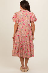 Peach Floral Button Down Tiered Maternity Midi Dress