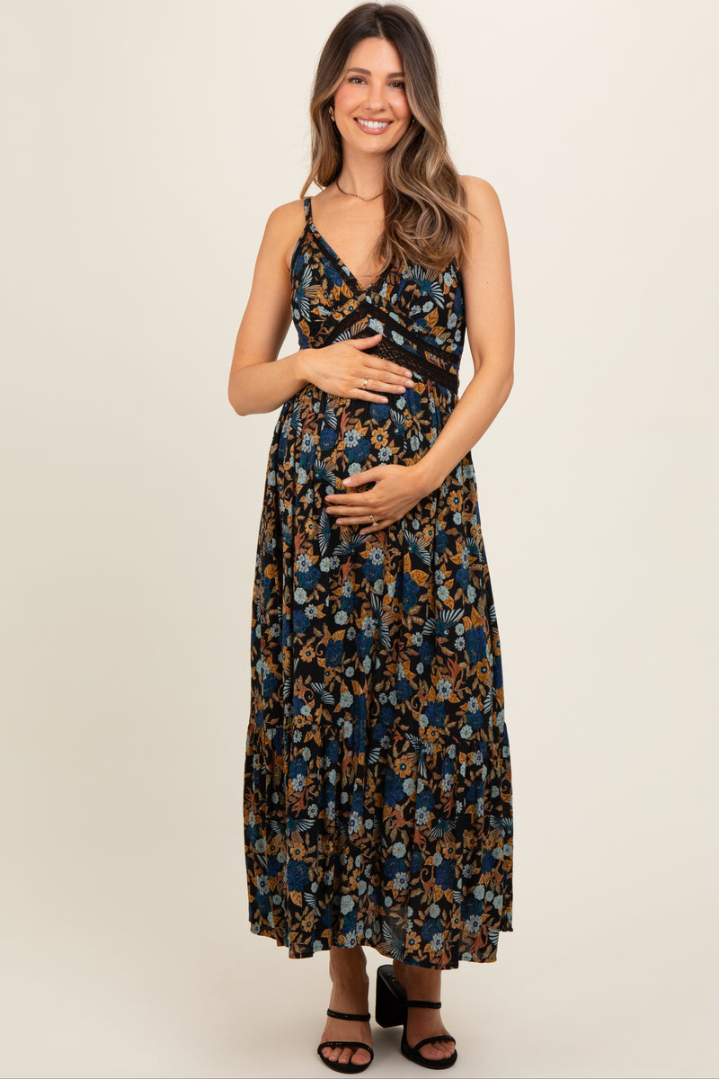Black Floral Crochet Inset V-Neck Maternity Midi Dress – PinkBlush