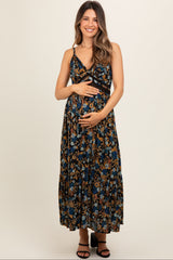 Black Floral Crochet Inset V-Neck Maternity Midi Dress