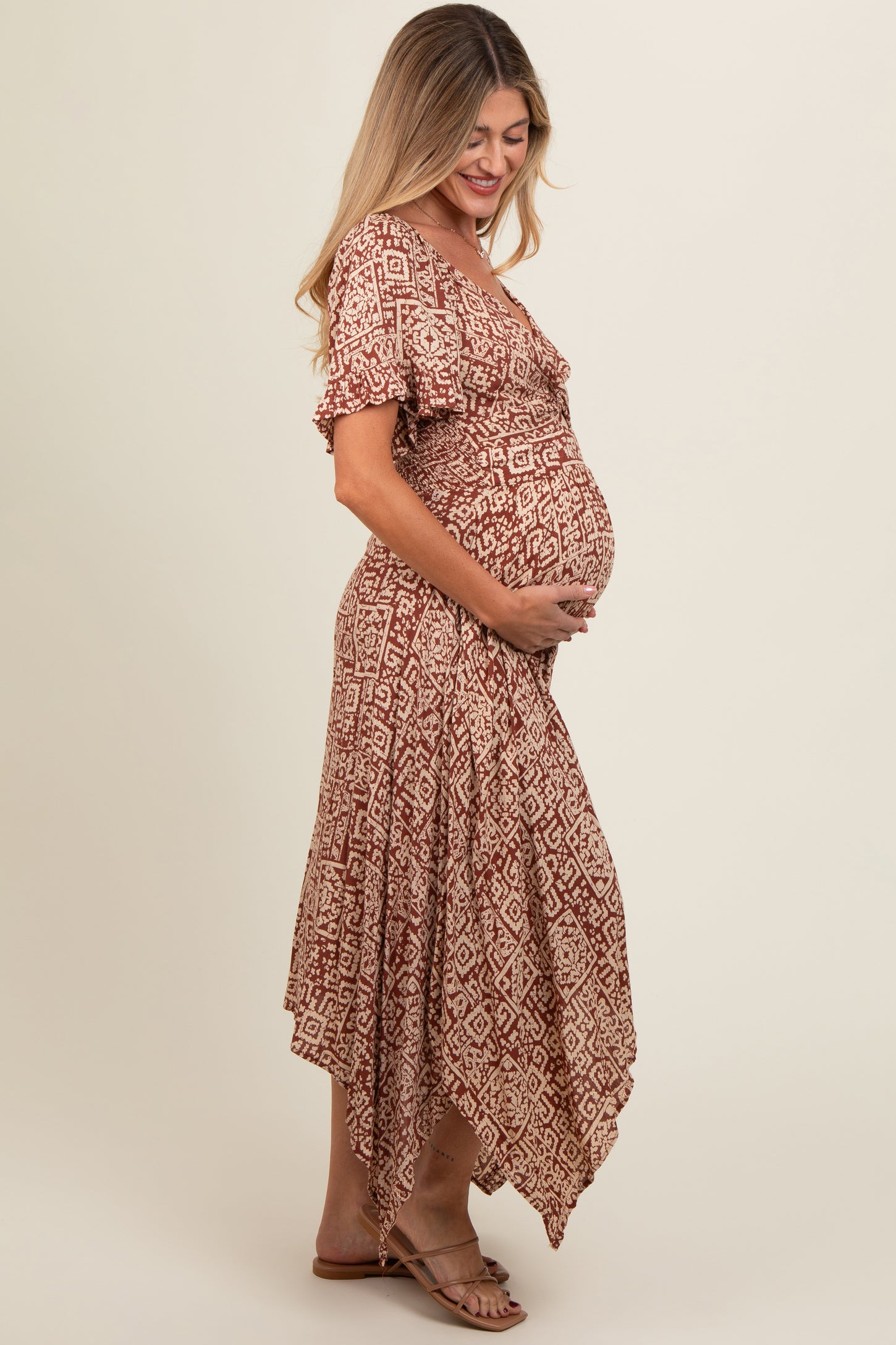 Brown Twist Front Cutout Maternity Maxi Dress