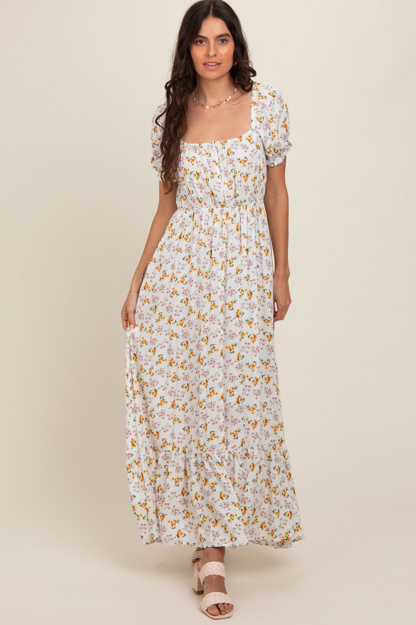 White Elastic Bodice Maxi Dress Ivory Floral Short Sleeve Maxi Dress PinkBlush White Elastic Bodice Maxi Dress Ivory Floral Short Sleeve Maxi Dress PinkBlush