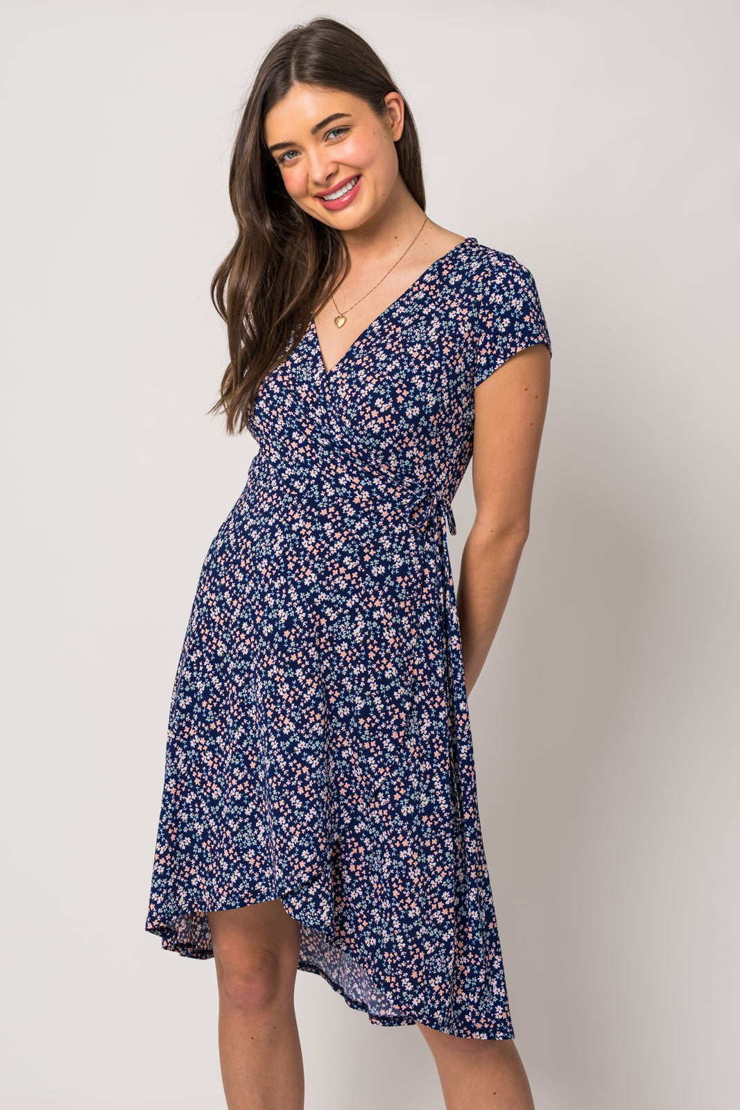 Navy Blue Floral Front Wrap Short Sleeve Dress
