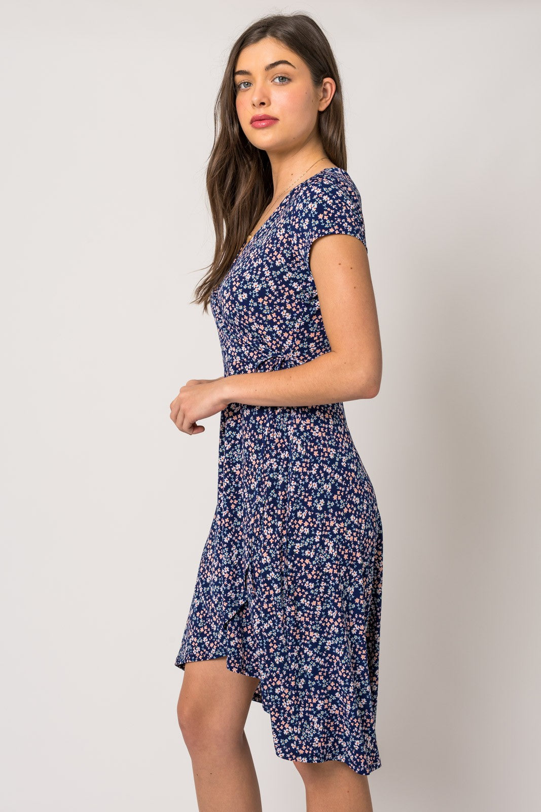 Navy Blue Floral Front Wrap Short Sleeve Dress