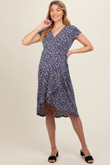 Navy Blue Floral Front Wrap Short Sleeve Maternity Dress
