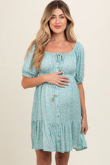 Blue Floral Button Front Drawstring Waist Ruffle Maternity Dress