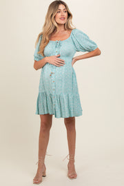 Blue Floral Button Front Drawstring Waist Ruffle Maternity Dress