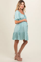 Blue Floral Button Front Drawstring Waist Ruffle Maternity Dress