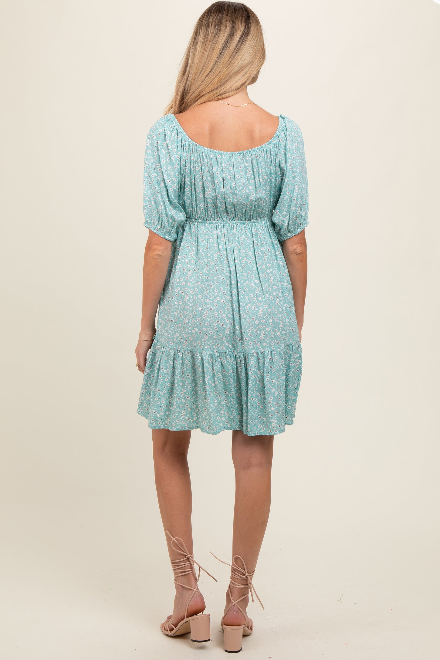 Blue Floral Button Front Drawstring Waist Ruffle Maternity Dress