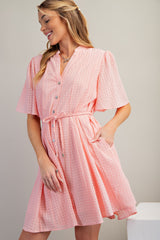 Pink Checkered Braided Belt Button Front Dress