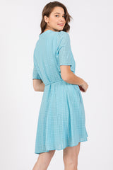 Light Blue Checkered Braided Belt Button Front Dress